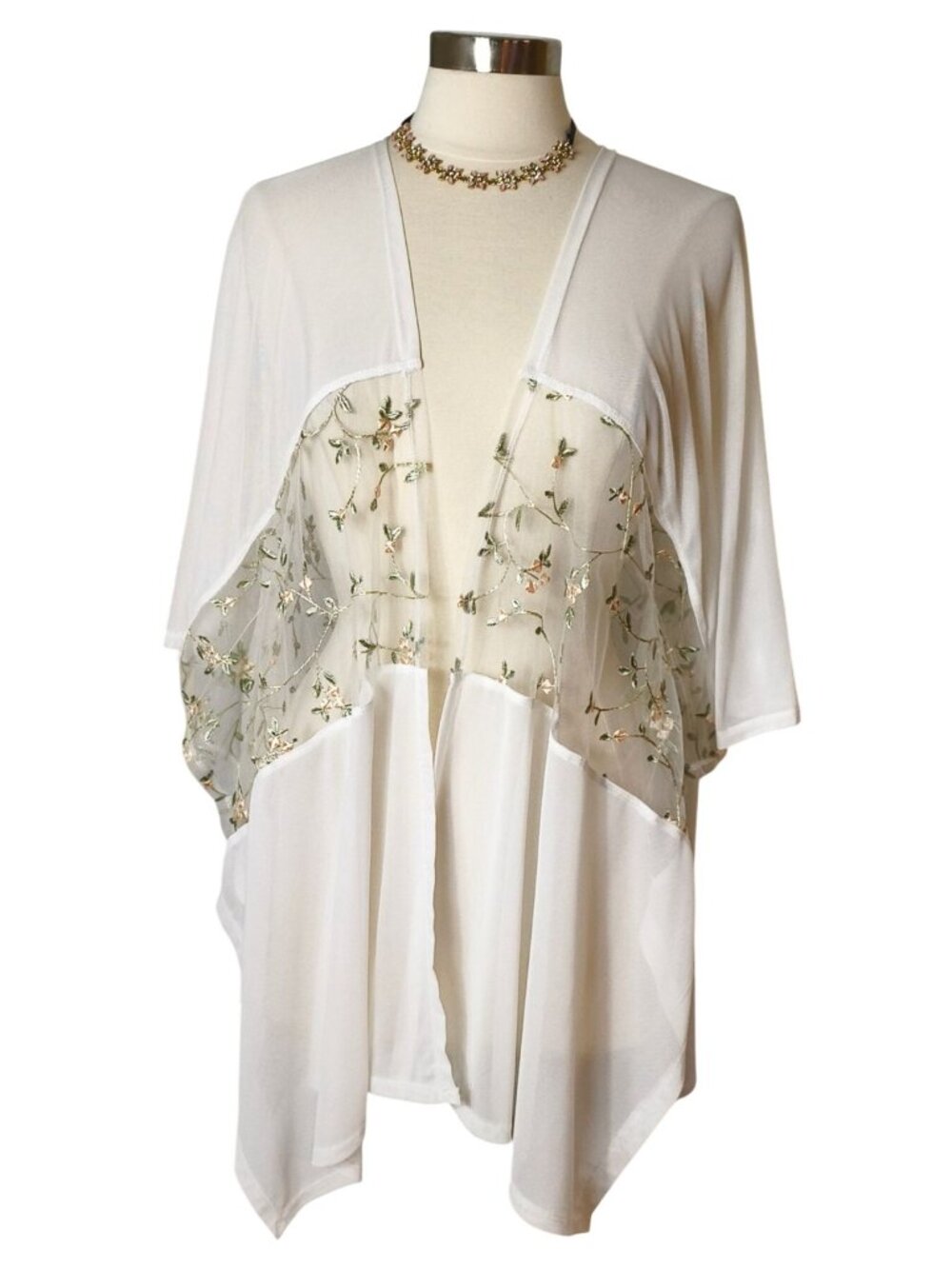 Paperoc Womens M Kimono Cardigan Chiffon Gold Floral Embroidered Elegant